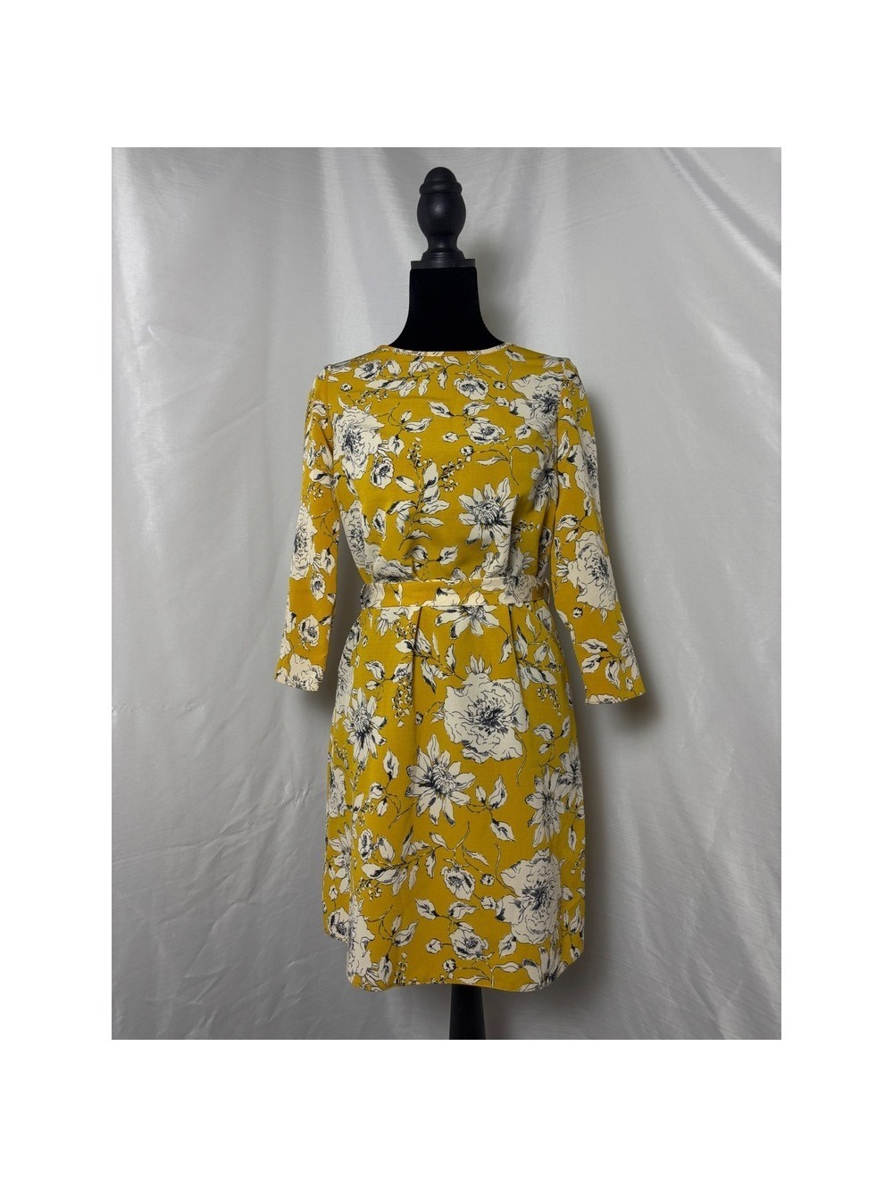 Primark Mustard Yellow Floral 3/4 Sleeve Tie Waist Midi Dress Womens Size 4